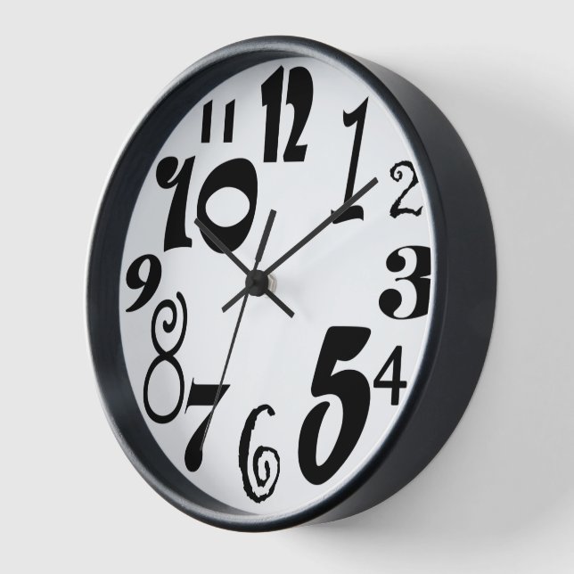 Funky black numbers on white wall clock (Angle)