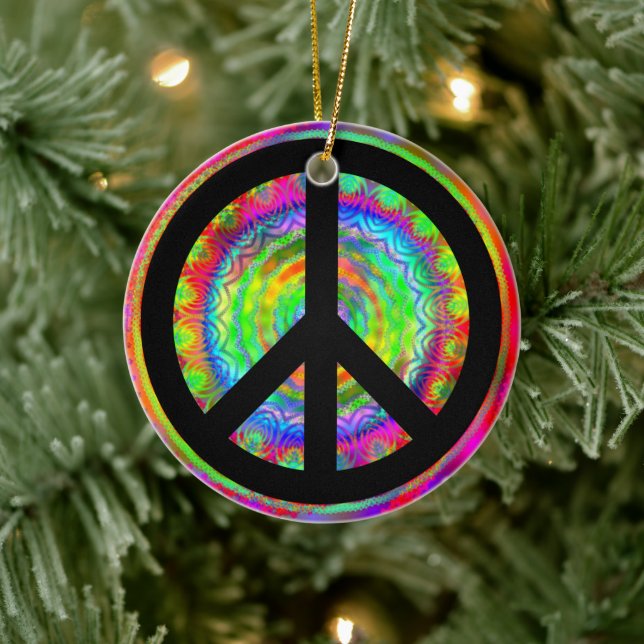 Funky Black Peace Sign Ceramic Ornament (Tree)