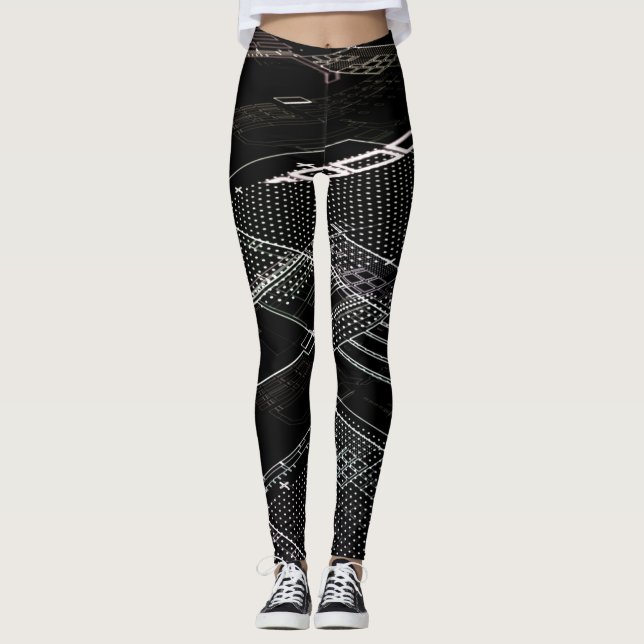 Funky Black White Electronic Circuit Board Retro  Leggings (Front)