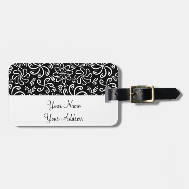 Funky black white flowers Luggage Tag (Front Horizontal)