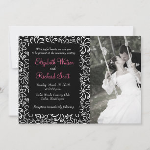 Funky black white flowers wedding invitation