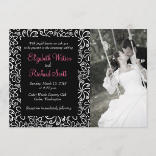 Funky black white flowers wedding invitation