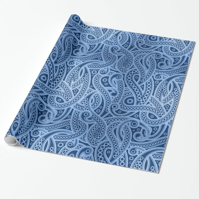 Funky Blue Abstract Paisley Pattern Wrapping Paper (Unrolled)