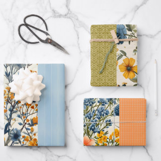 Funky Blue And Yellow Vintage Floral Half Mix  Wrapping Paper Sheet