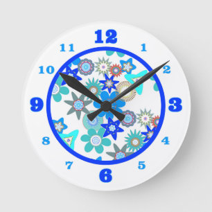 Funky Blue Flower Pattern Round Clock