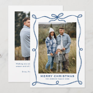 Funky Blue Merry Christmas Bow Ribbon 2 Photo Holiday Card
