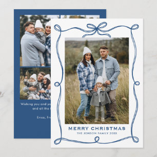 Funky Blue Merry Christmas Bow Ribbon 5 Photo Holiday Card