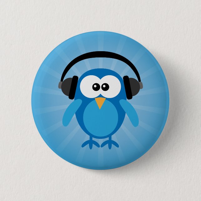 Funky Blue Retro Owl With Headphones 2 Inch Round Button (Front)