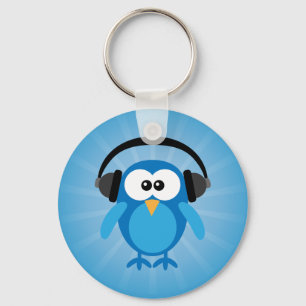 Funky Blue Retro Owl With Headphones Keychain