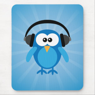 Funky Blue Retro Owl With Headphones Mouse Pad
