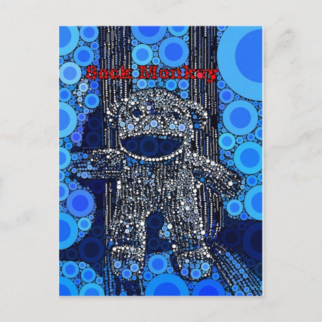 Funky Blue Sock Monkey Circles Bubbles Pop Art Postcard (Front)