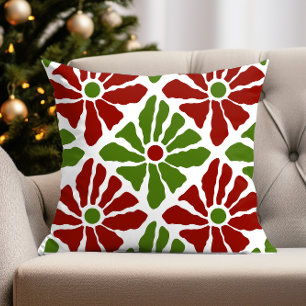 Funky Boho Christmas Poinsettia Flowers Red Green  Throw Pillow