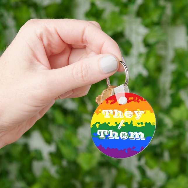 Funky Boho Customizable Pronoun Gay Pride Flag Keychain (Hand)