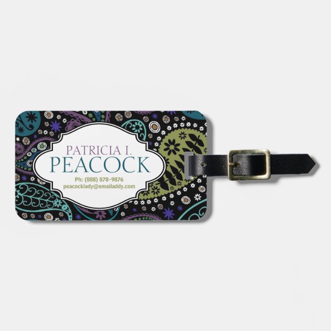Funky Boho Hippie Peacock Paisley Personalized Luggage Tag (Front Horizontal)