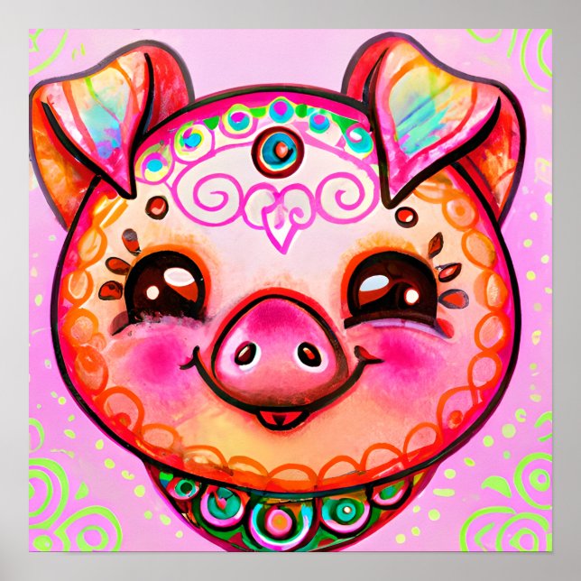 Funky Boho Pig Farm Animal Portrait Art Poster (Front)