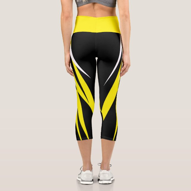 Funky Bold Abstract Art Black Yellow White Capri Leggings (Back)