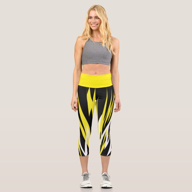 Funky Bold Abstract Art Black Yellow White Capri Leggings (Front)
