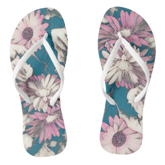Funky bold floral in pink and teal flip flops