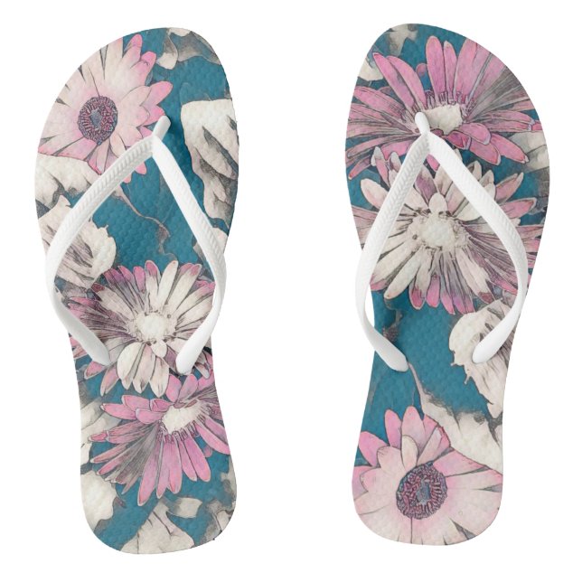 Funky bold floral in pink and teal  flip flops (Footbed)