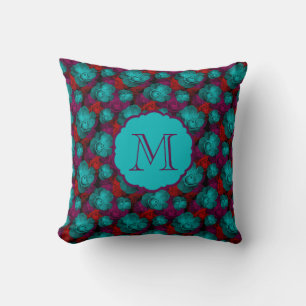 Funky Bold Roses Pattern Monogram Throw Pillow