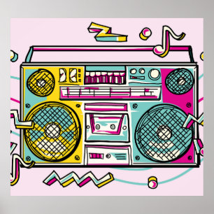 Funky Boombox Colorful Drawn Design Poster