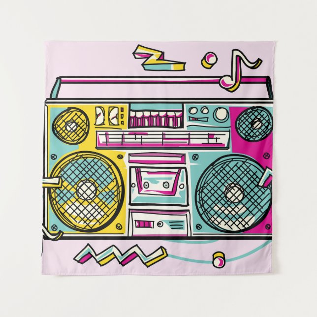 Funky Boombox Colourful Drawn Design Tapestry (Front)