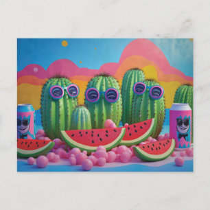 Funky Cacti with Sunglasses, Watermelon, and Candy Holiday Postcard