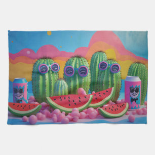 Funky Cacti with Sunglasses, Watermelon, and Candy Kitchen Towel
