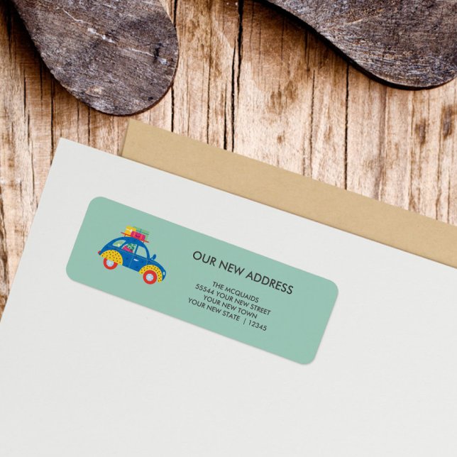 Funky Car Change of Address  (Blue Car on Teal background return address label)