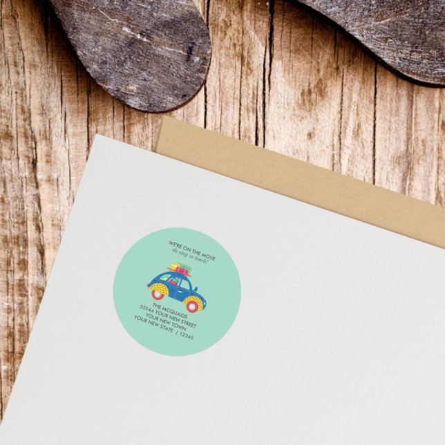 Funky Car Moving Announcement Classic Round Sticker (Blue car teal background return address label
)