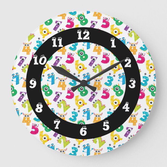 Funky Cartoon Monster Numbers Math School Pattern Large Clock (Front)