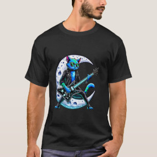 Funky Cat Playing Guitar Moon, Rock And Roll Band, T-Shirt