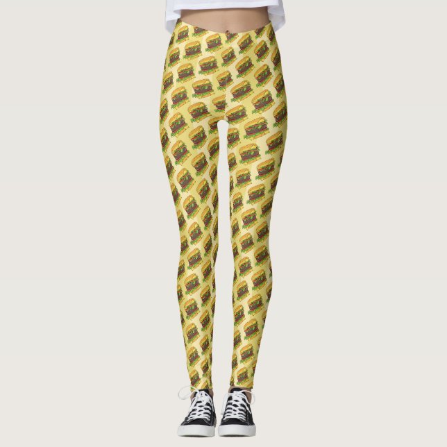 Funky Cheeseburger Striped Fast Food Burger Print Leggings (Front)