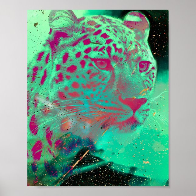 Funky Cheetah Psychedelic Mint Hot Pink Art Poster (Front)