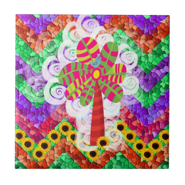 Funky Chevron Mosaic Tree Swirls Sunflowers Summer Tile (Front)