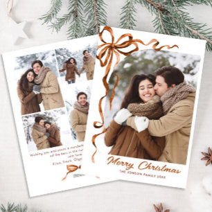 Funky Christmas Beige Boho Bow Ribbon 5 Photo Holiday Card