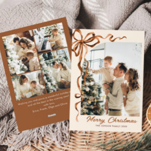 Funky Christmas Beige Boho Bow Ribbon 5 Photo Holiday Card
