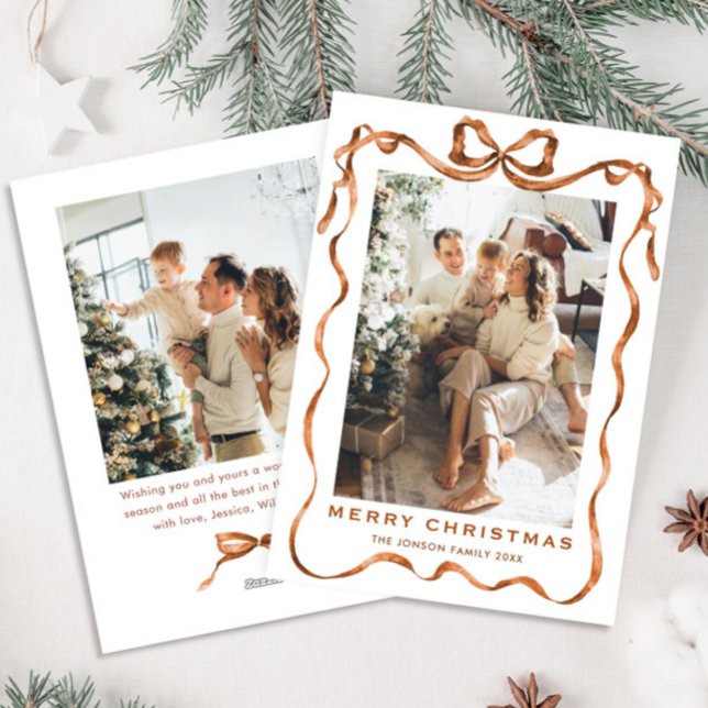 Funky Christmas Boho Beige Bow Ribbon 2 Photo Holiday Card (Creator Uploaded)