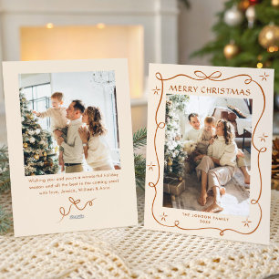 Funky Christmas Boho Beige Bow Ribbon 2 Photo Holiday Card