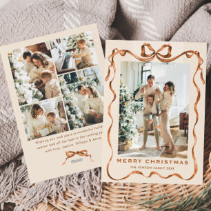Funky Christmas Boho Beige Bow Ribbon 5 Photo Holiday Card