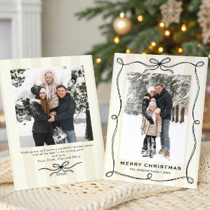 Funky Christmas Boho Black Bow Ribbon 2 Photo Holiday Card