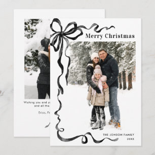 Funky Christmas Boho Black Bow Ribbon 2 Photo Holiday Card