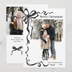 Funky Christmas Boho Black Bow Ribbon 3 Photo Holiday Card