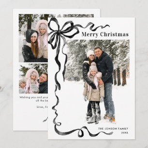 Funky Christmas Boho Black Bow Ribbon 5 Photo Holiday Card