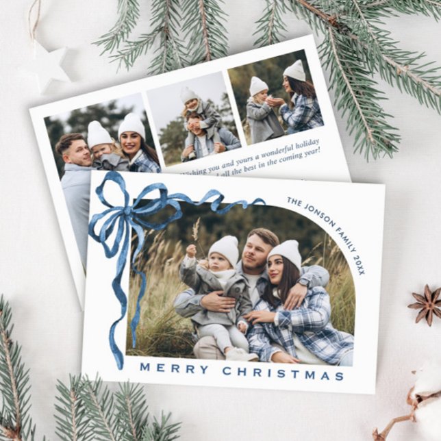 Funky Christmas Boho Blue Bow Ribbon 4 Photo Holiday Card (Creator Uploaded)