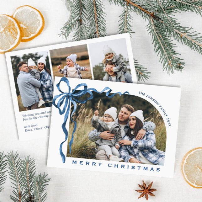 Funky Christmas Boho Blue Bow Ribbon 4 Photo Holiday Card (Creator Uploaded)