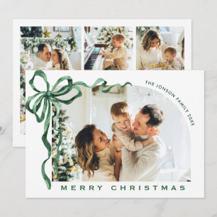 Funky Christmas Boho Green Bow Ribbon 4 Photo Holiday Card