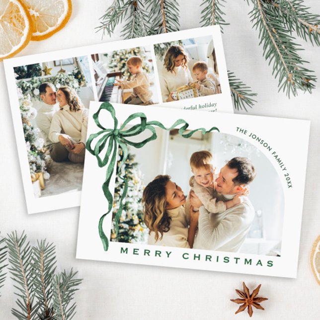Funky Christmas Boho Green Bow Ribbon 4 Photo Holiday Card (Creator Uploaded)