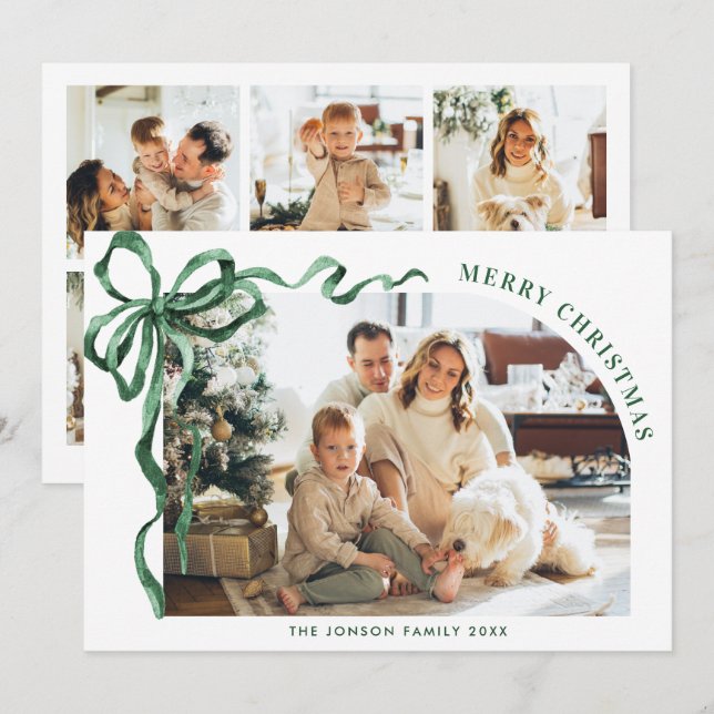 Funky Christmas Boho Green Bow Ribbon 6 Photo Holiday Card (Front/Back)