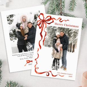 Funky Christmas Boho Red Bow Ribbon 2 Photo Holiday Card